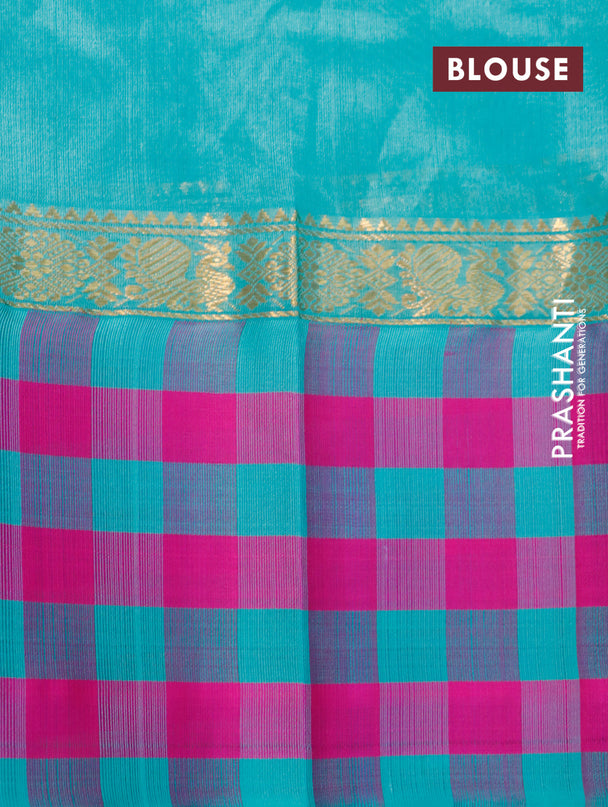 Kuppadam silk cotton saree sandal and teal blue with annam & paisley zari woven buttas and long zari woven checked border