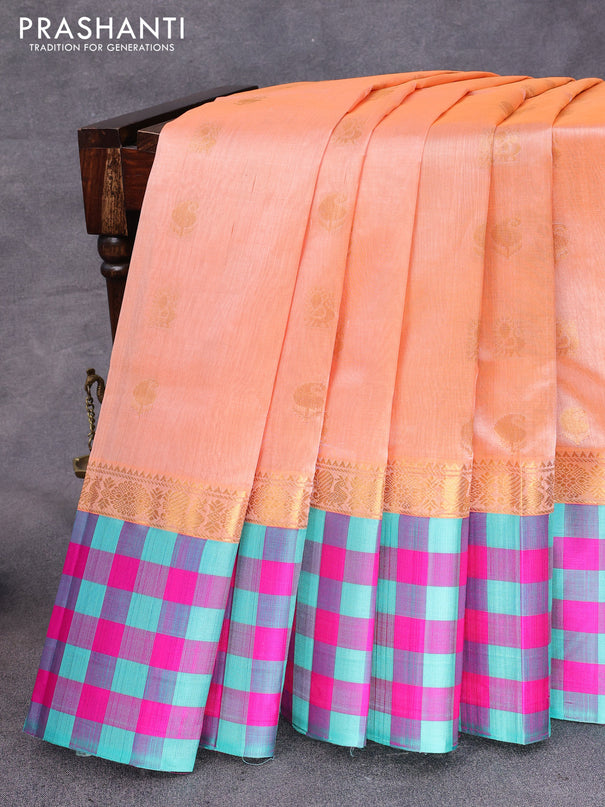 Kuppadam silk cotton saree peach orange and teal blue with annam & paisley zari woven buttas and long zari woven checked border
