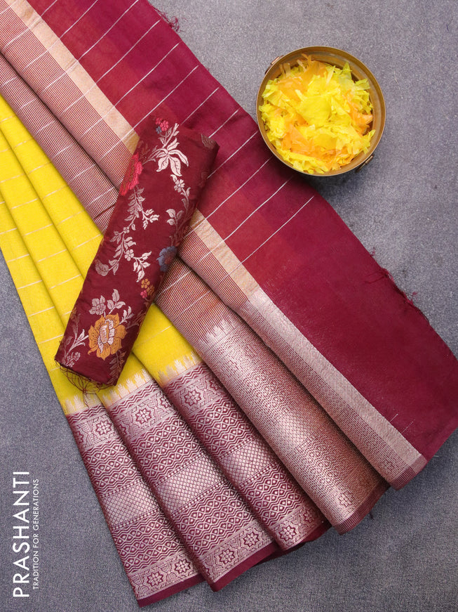 Semi dupion saree yellow and deep maroon with allover zari stripes pattern and long zari woven border & meenakari blouse