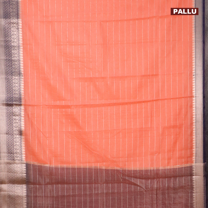 Semi dupion saree peach orange and navy blue with allover zari stripes pattern and long zari woven border & meenakari blouse