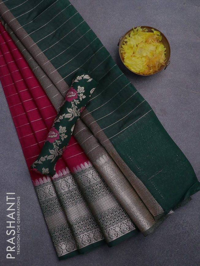 Semi dupion saree reddish pink and green with allover zari stripes pattern and long zari woven border & meenakari blouse