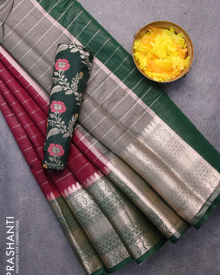 Semi dupion saree deep maroon and green with allover zari stripes pattern and long zari woven border & meenakari blouse
