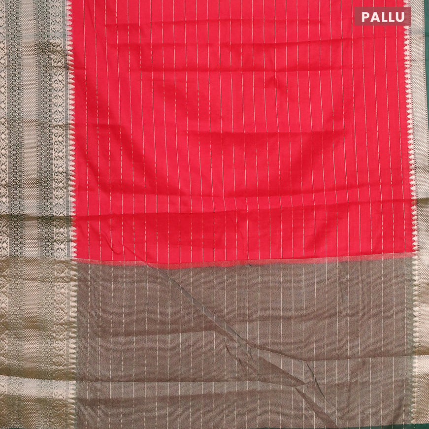Semi dupion saree reddish pink and green with allover zari stripes pattern and long zari woven border & meenakari blouse