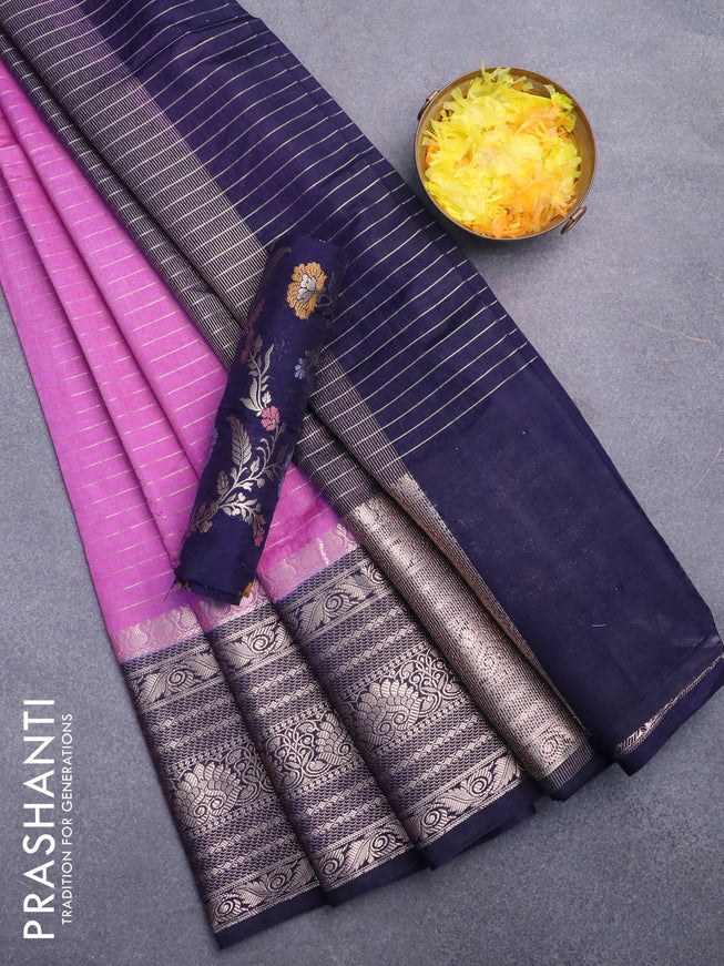 Semi dupion saree lavender and navy blue with allover zari stripes pattern and long zari woven border & meenakari blouse