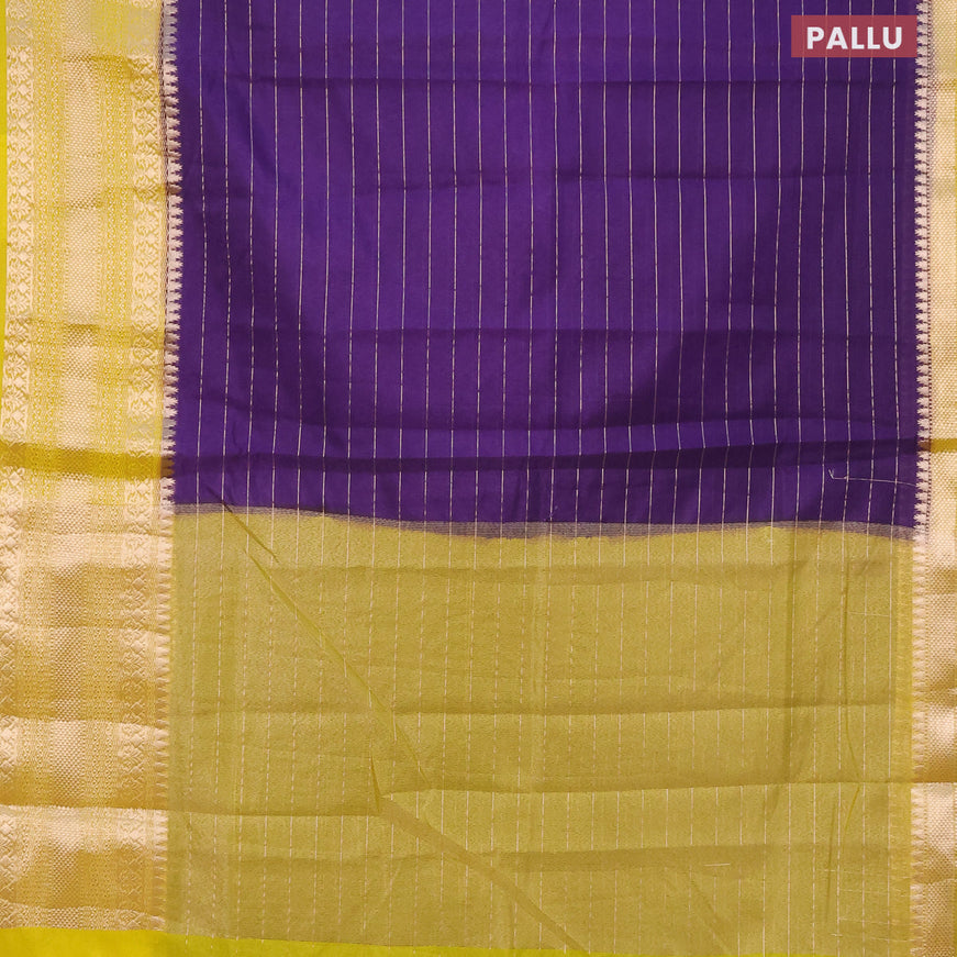 Semi dupion saree violet and lime green with allover zari stripes pattern and long zari woven border & meenakari blouse