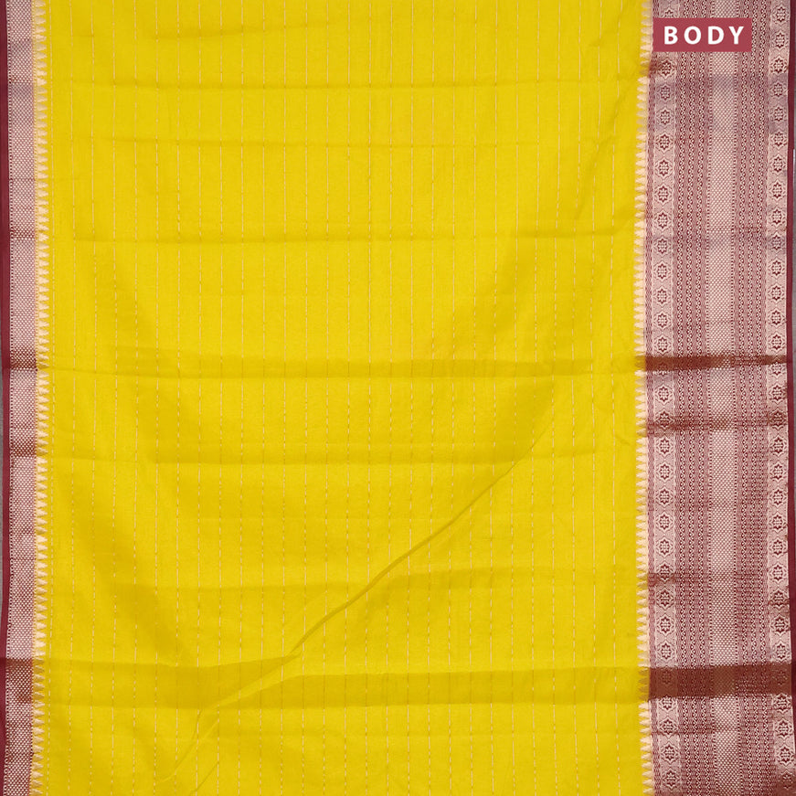 Semi dupion saree yellow and maroon with allover zari stripes pattern and long zari woven border & meenakari blouse