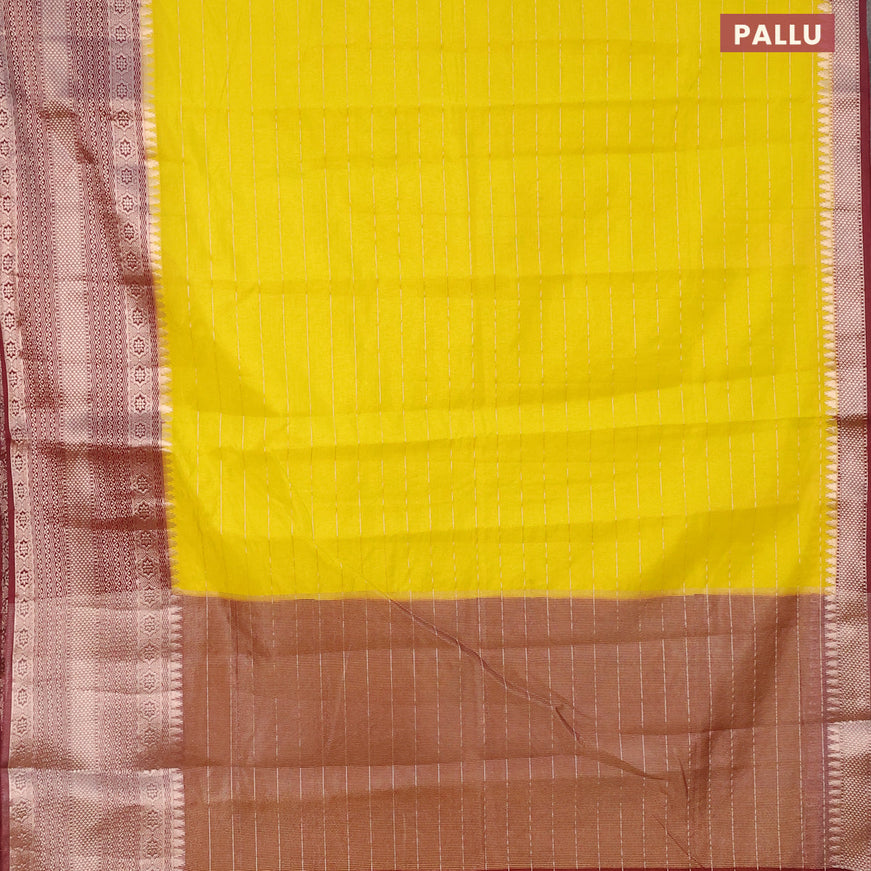 Semi dupion saree yellow and maroon with allover zari stripes pattern and long zari woven border & meenakari blouse