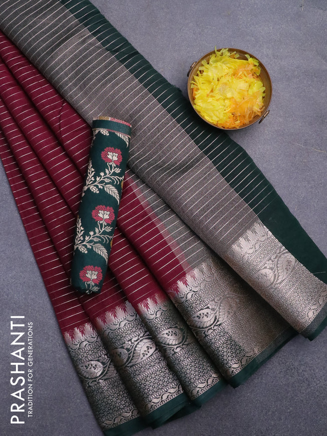 Semi dupion saree dark maroon and dark green with allover zari stripes pattern and zari woven border & meenakari blouse