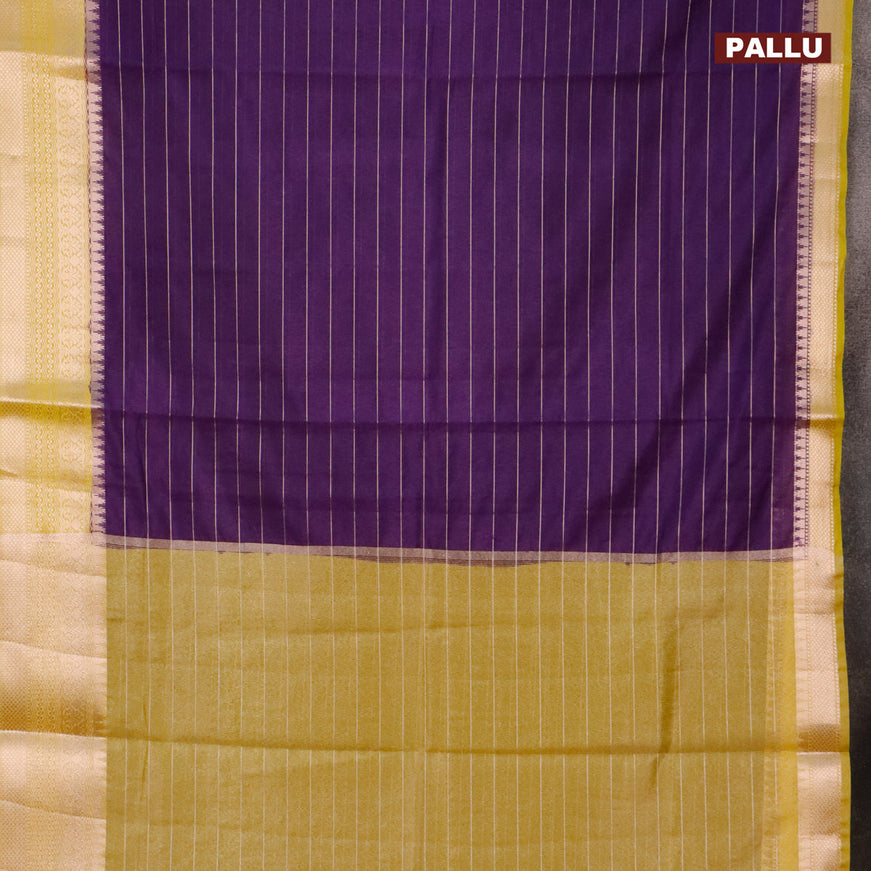 Semi dupion saree violet and lime yellow with allover zari stripes pattern and long zari woven border & meenakari blouse