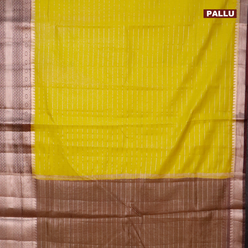 Semi dupion saree lime yellow and deep maroon with allover zari stripes pattern and long zari woven border & meenakari blouse
