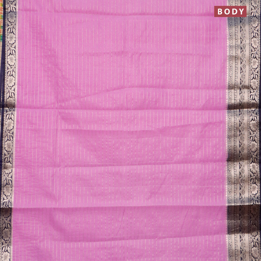 Semi dupion saree lavender and dark navy blue with allover zari stripes pattern and long zari woven border & meenakari blouse