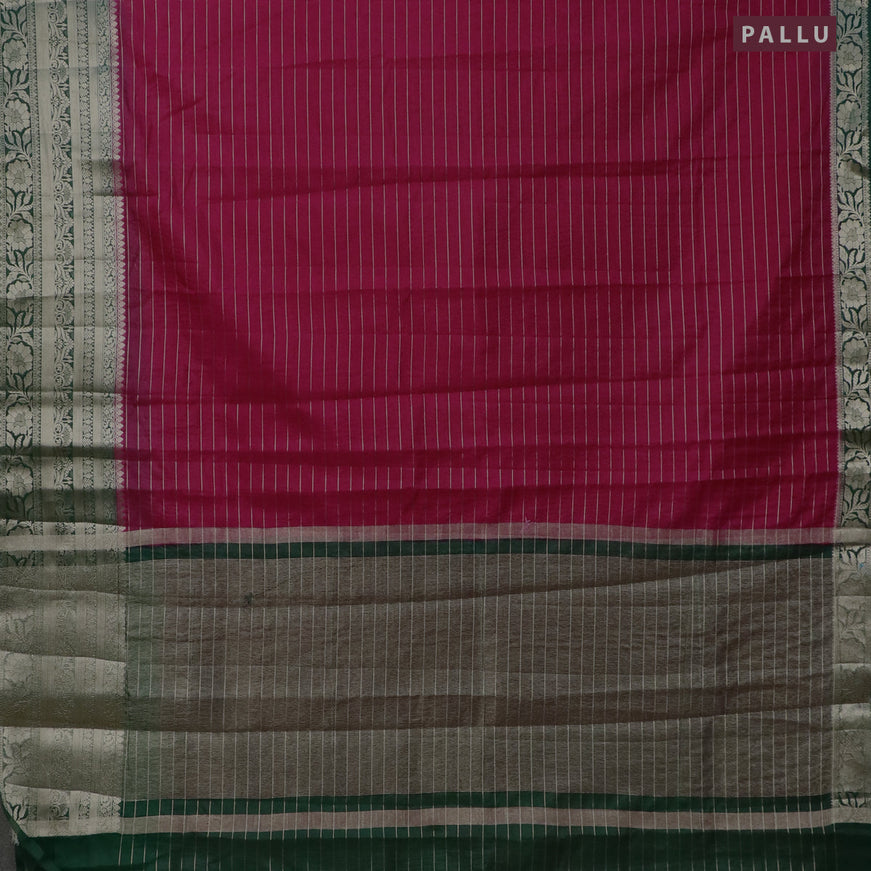 Semi dupion saree pink and bottle green with allover zari stripes pattern and long zari woven border & meenakari blouse