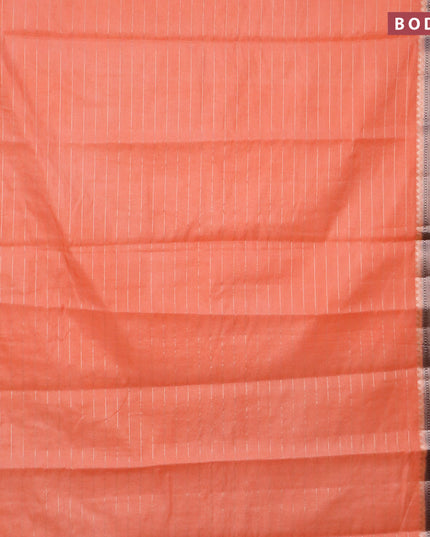 Semi dupion saree peach orange and navy blue with allover zari stripes pattern and zari woven border & meenakari blouse