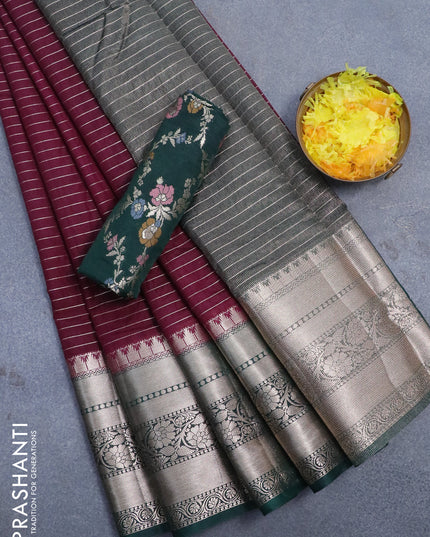 Semi dupion saree wine shade and bottle green with allover zari stripes pattern and long zari woven border & meenakari blouse