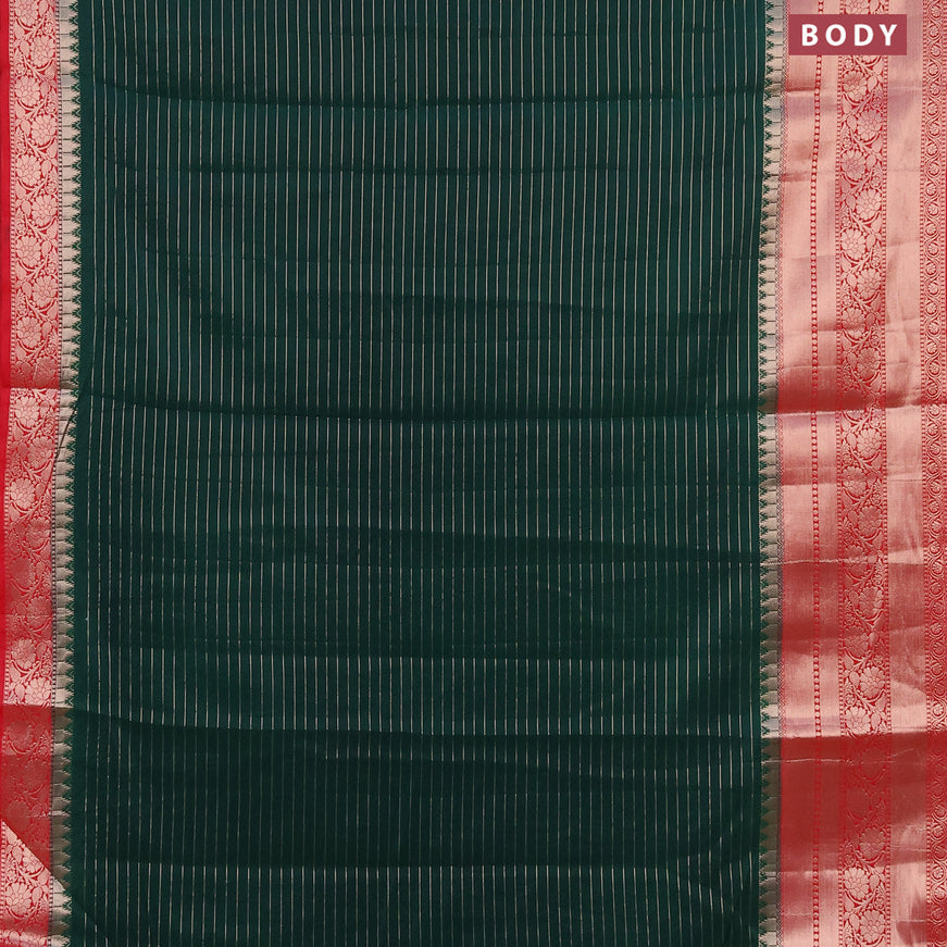 Semi dupion saree green and red with allover zari stripes pattern and zari woven border & meenakari blouse