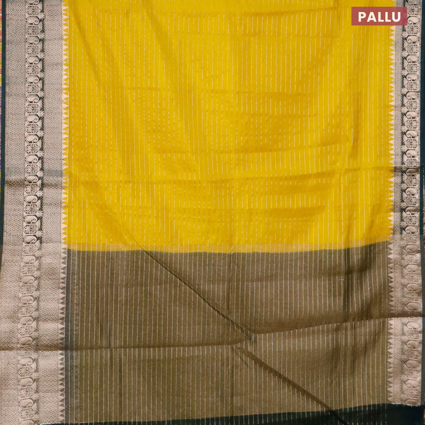 Semi dupion saree yellow and bottle green with allover zari stripes pattern and long zari woven border & meenakari blouse