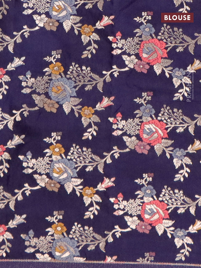 Semi dupion saree lavender and dark navy blue with allover zari stripes pattern and long zari woven border & meenakari blouse