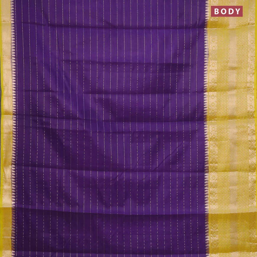 Semi dupion saree violet and lime green with allover zari stripes pattern and long zari woven border & meenakari blouse