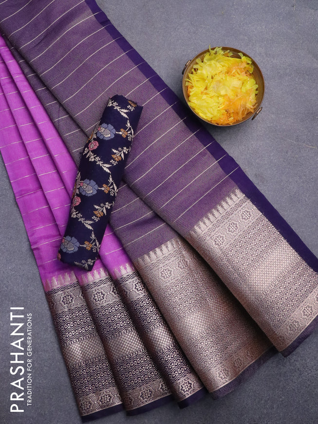 Semi dupion saree lavender shade and blue with allover zari stripes pattern and long zari woven border & meenakari blouse