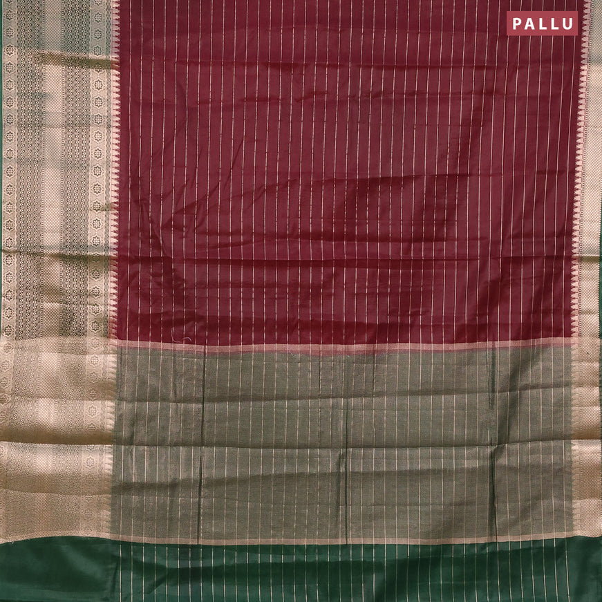 Semi dupion saree maroon and dark green with allover zari stripes pattern and long zari woven border & meenakari blouse