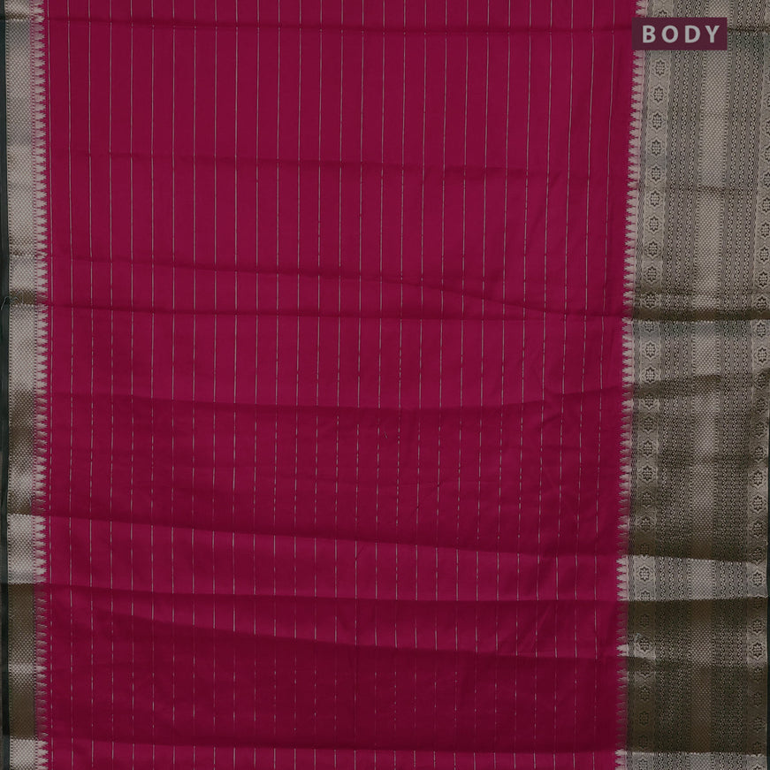 Semi dupion saree reddish pink and dark green with allover zari stripes pattern and long zari woven border & meenakari blouse
