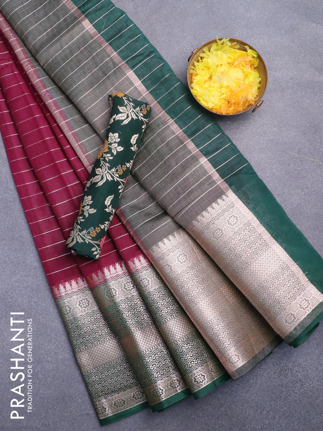 Semi dupion saree wine shade and dark green with allover zari stripes pattern and long zari woven border & meenakari blouse