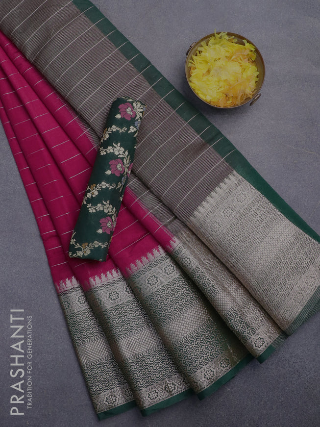 Semi dupion saree tomato red and dark green with allover zari stripes pattern and long zari woven border & meenakari blouse