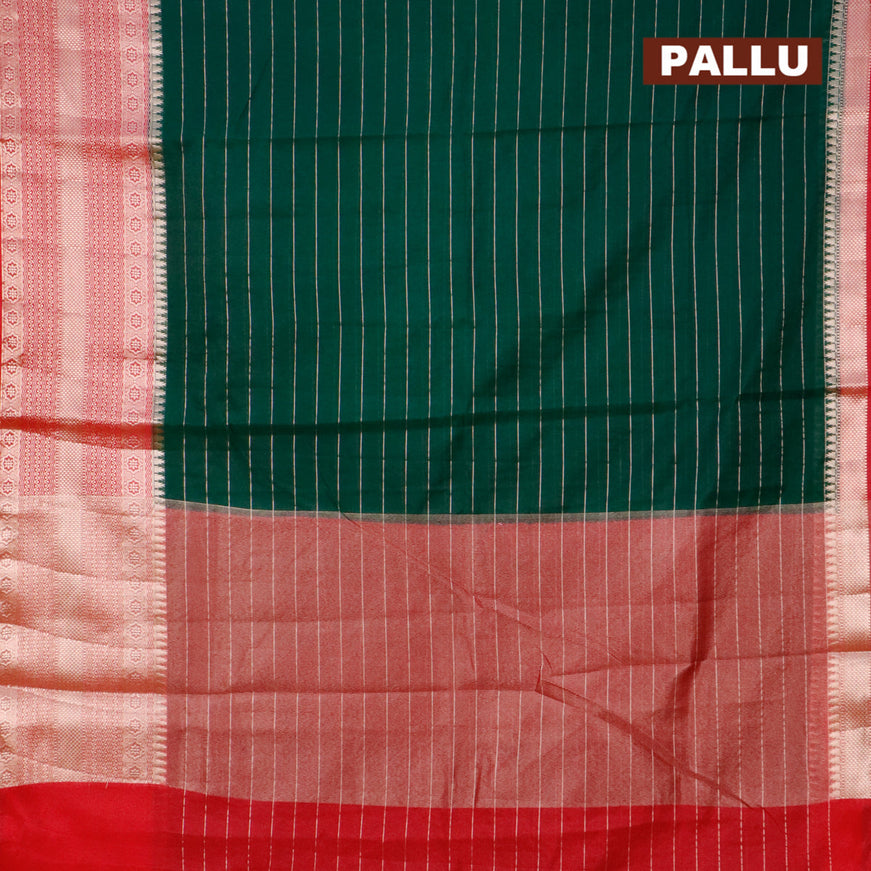 Semi dupion saree green and reddish pink with allover zari stripes pattern and long zari woven border & meenakari blouse