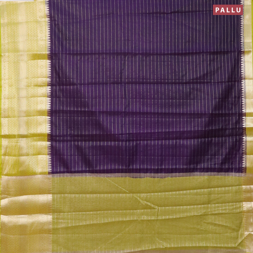 Semi dupion saree deep violet and lime green with allover zari stripes pattern and long zari woven border & meenakari blouse