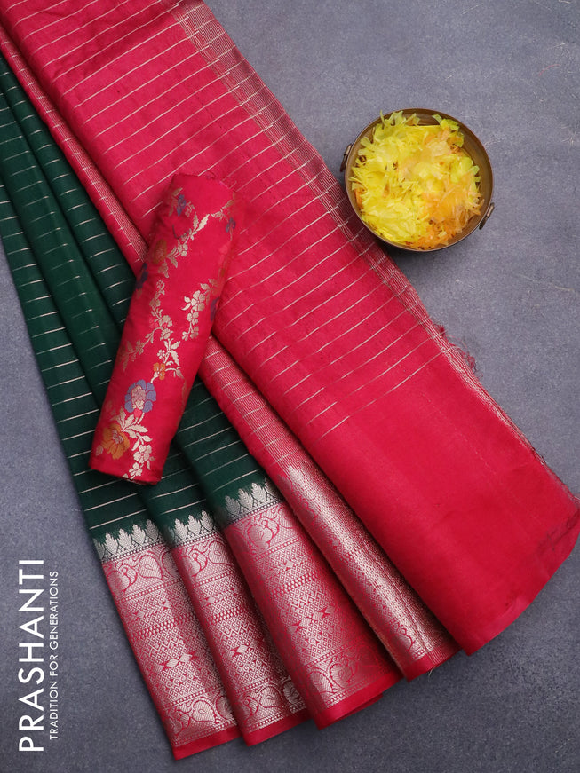 Semi dupion saree bottle green and pink with allover zari stripes pattern and long zari woven border & meenakari blouse