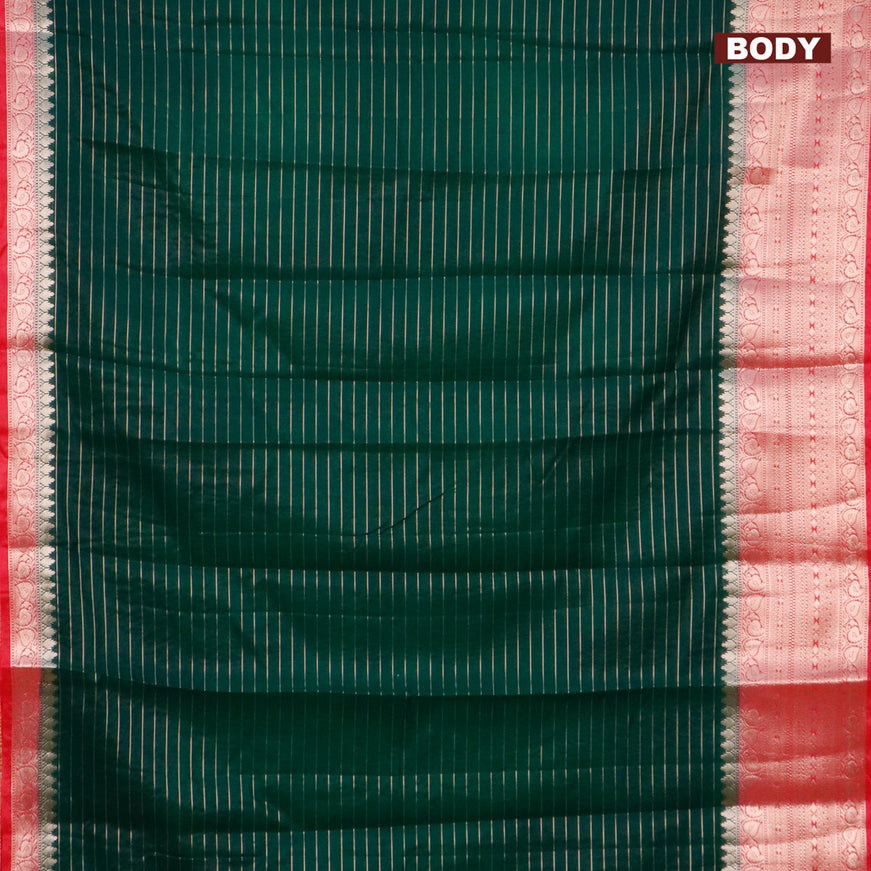 Semi dupion saree bottle green and pink with allover zari stripes pattern and long zari woven border & meenakari blouse