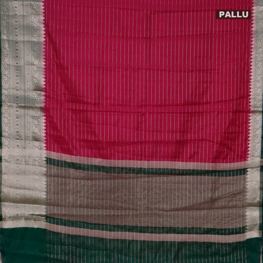 Semi dupion saree dark pink and bottle green with allover zari stripes pattern and long zari woven border & meenakari blouse