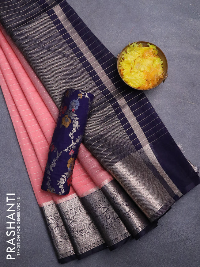 Semi dupion saree peach shade and dark navy blue with allover zari stripes pattern and long zari woven border & meenakari blouse