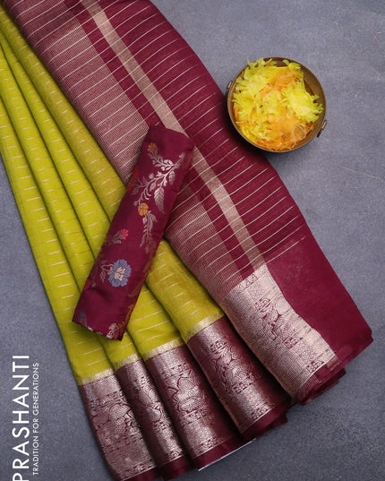 Semi dupion saree lime green and wine shade with allover zari stripes pattern and long zari woven border & meenakari blouse