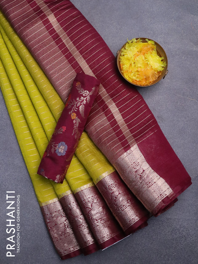Semi dupion saree lime green and wine shade with allover zari stripes pattern and long zari woven border & meenakari blouse