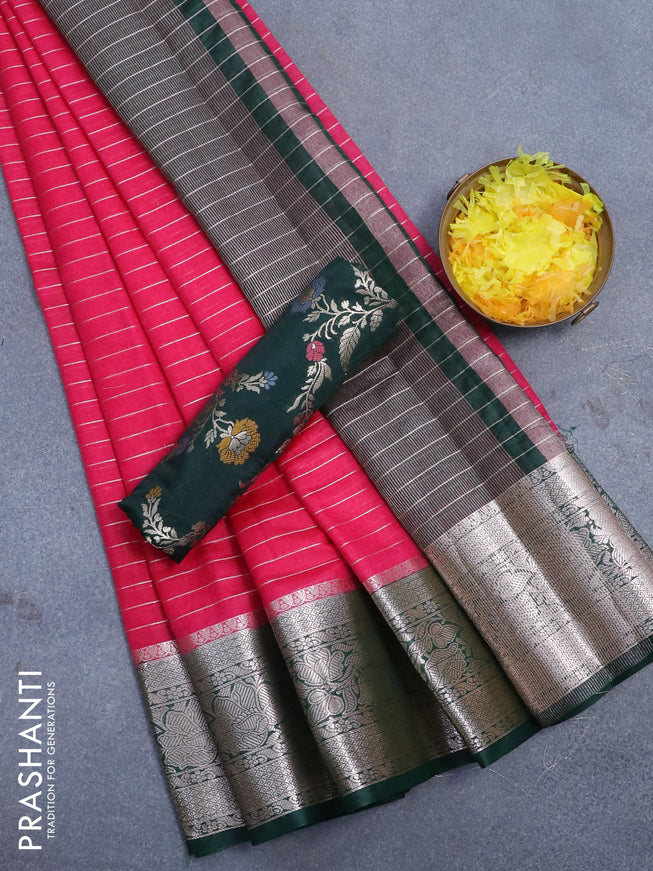 Semi dupion saree pink and bottle green with allover zari stripes pattern and long zari woven border & meenakari blouse