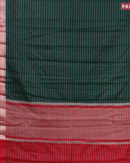 Semi dupion saree bottle green and red with allover zari stripes pattern and long zari woven border & meenakari blouse