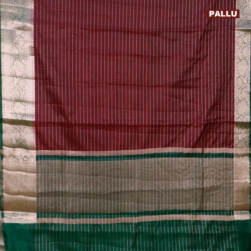 Semi dupion saree wine shade and bottle green with allover zari stripes pattern and long zari woven border & meenakari blouse