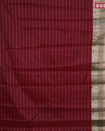 Semi dupion saree wine shade and green with allover zari stripes pattern and long zari woven border & meenakari blouse