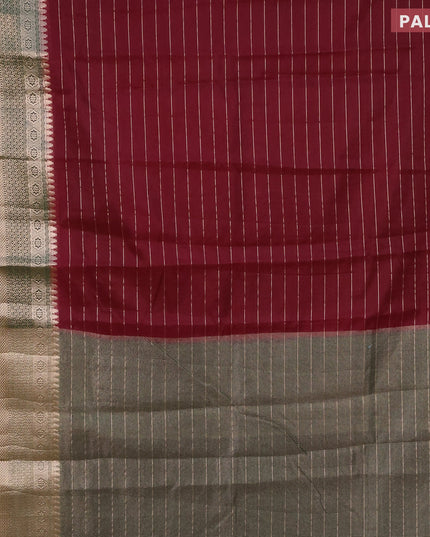 Semi dupion saree wine shade and green with allover zari stripes pattern and long zari woven border & meenakari blouse