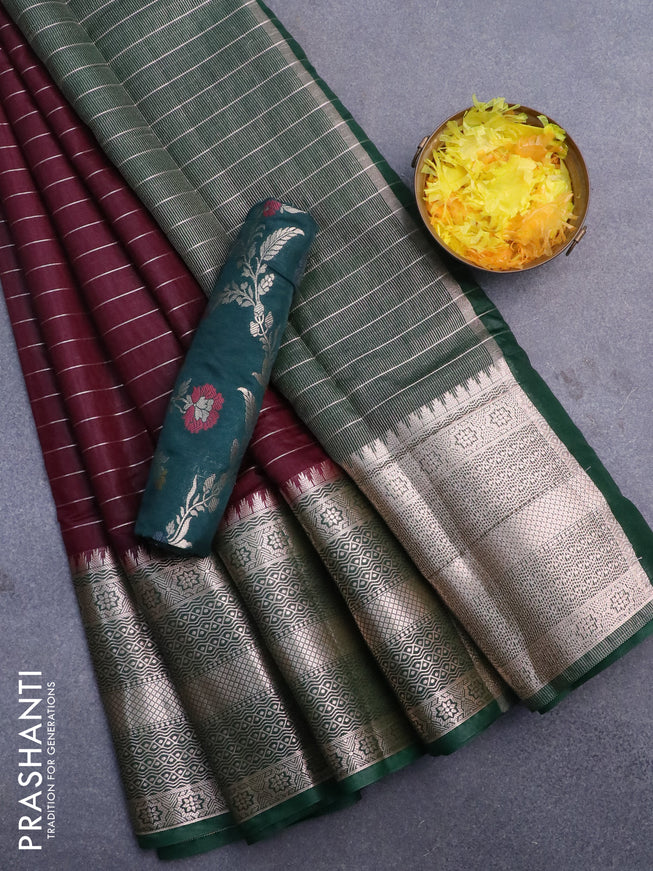 Semi dupion saree deep maroon and dark green with allover zari stripes pattern and long zari woven border & meenakari blouse