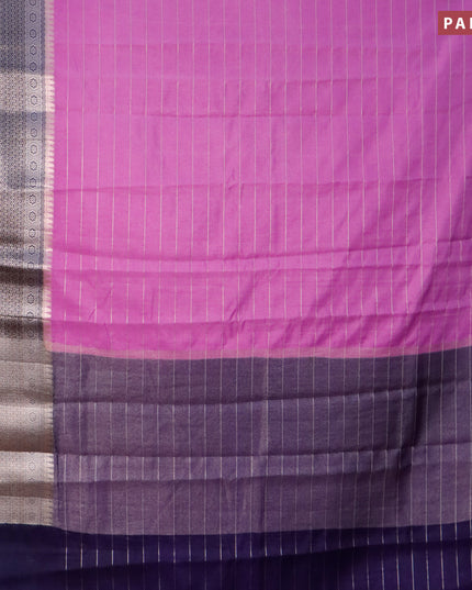 Semi dupion saree lavender and navy blue with allover zari stripes pattern and long zari woven border & meenakari blouse