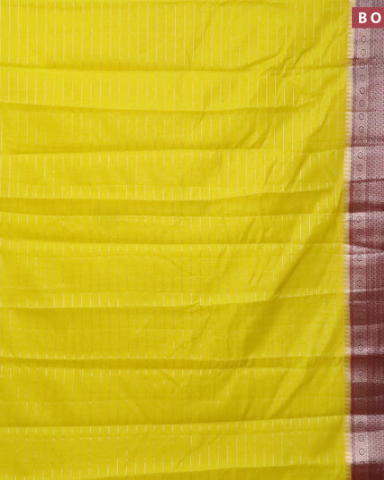 Semi dupion saree yellow and deep maroon with allover zari stripes pattern and long zari woven border & meenakari blouse