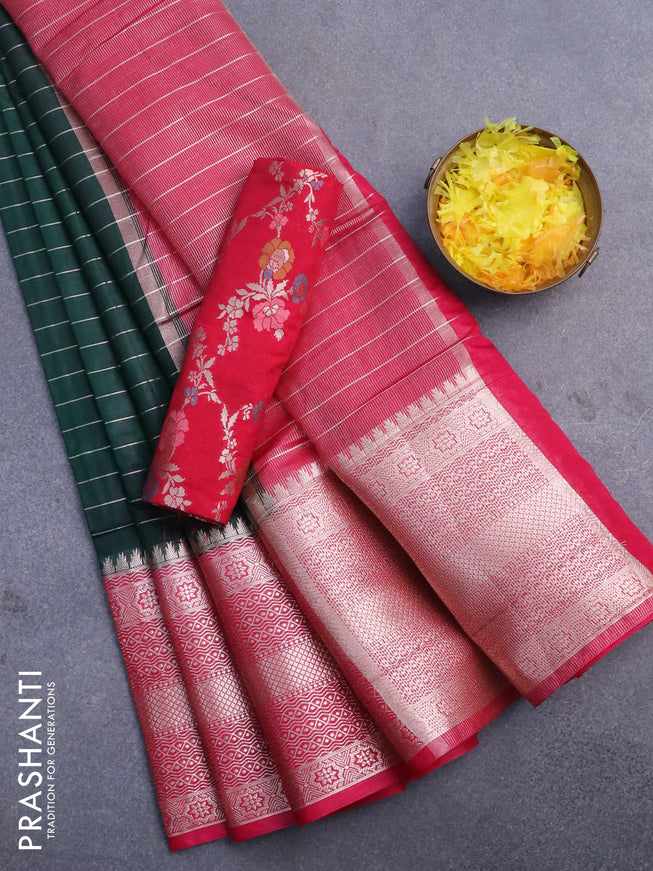 Semi dupion saree bottle green and dark pink with allover zari stripes pattern and long zari woven border & meenakari blouse
