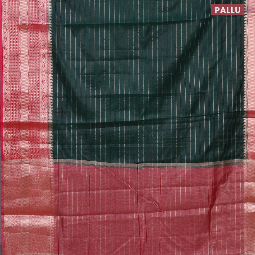 Semi dupion saree bottle green and dark pink with allover zari stripes pattern and long zari woven border & meenakari blouse