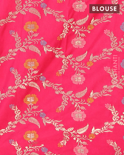 Semi dupion saree dark green and pink with allover zari stripes pattern and long zari woven border & meenakari blouse