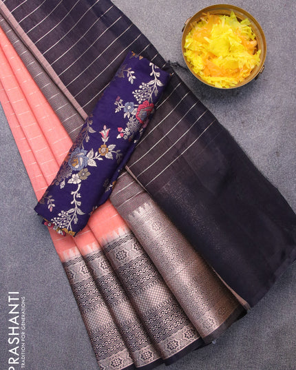 Semi dupion saree peach orange and navy blue with allover zari stripes pattern and long zari woven border & meenakari blouse