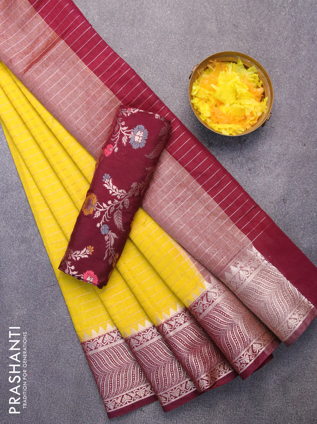 Semi dupion saree yellow and dark maroon with allover zari stripes pattern and zari woven border & meenakari blouse