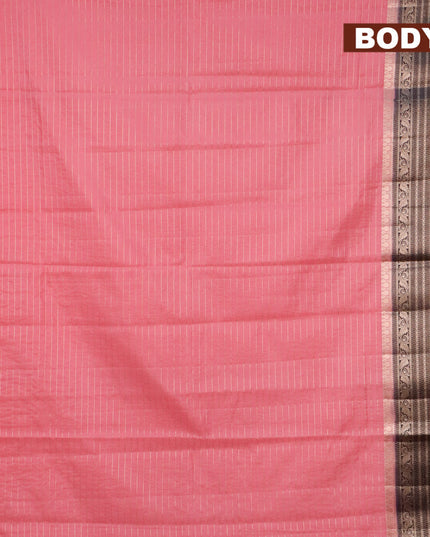 Semi dupion saree peach pink and navy blue with allover zari stripes pattern and long zari woven border & meenakari blouse
