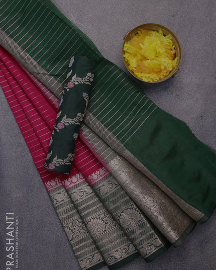 Semi dupion saree tomato red and dark green with allover zari stripes pattern and long zari woven border & meenakari blouse